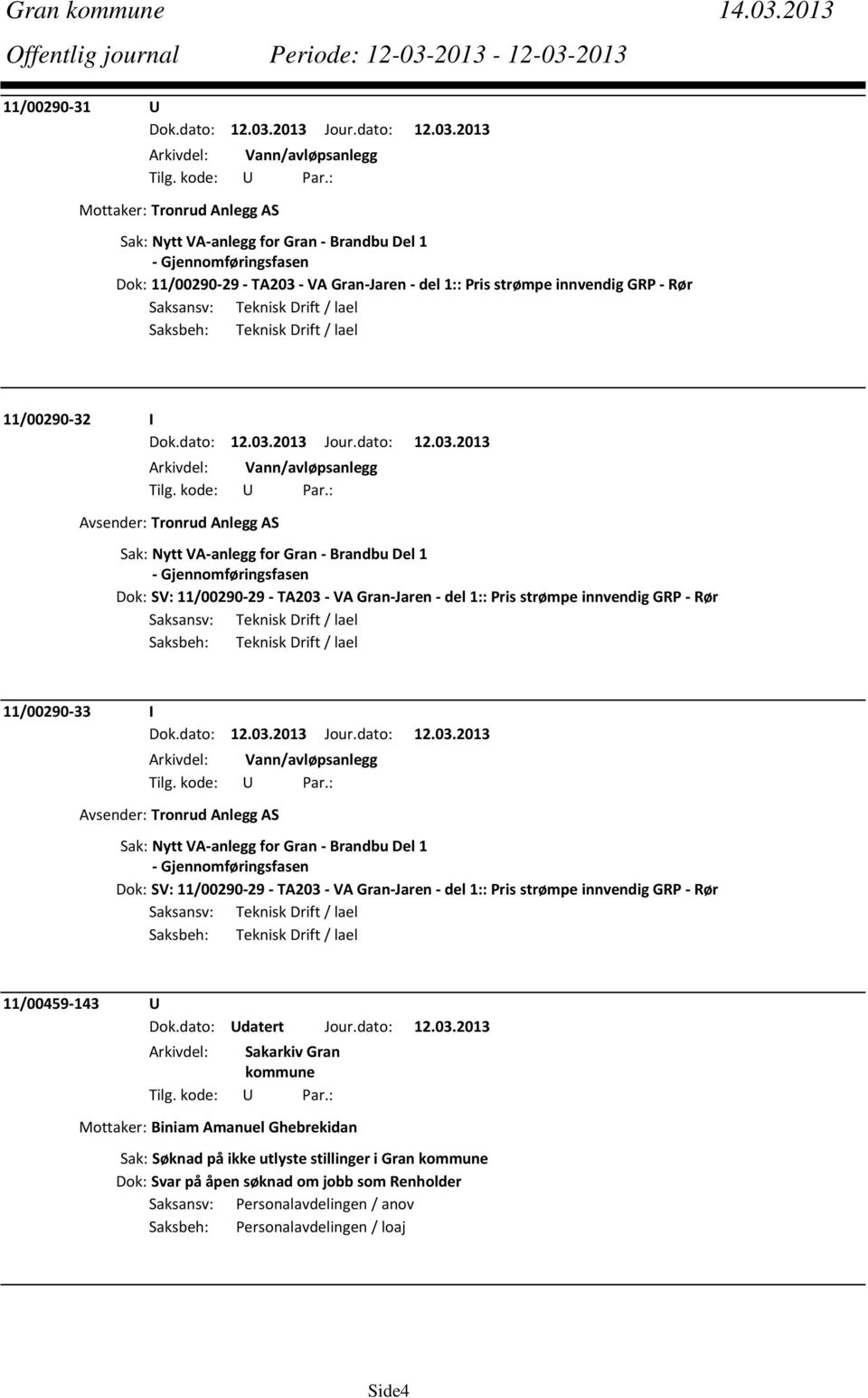 innvendig GRP Rør Saksansv: Teknisk Drift / lael Saksbeh: Teknisk Drift / lael 11/00290 32 I Arkivdel: Vann/avløpsanlegg Avsender: Tronrud Anlegg AS Sak: Nytt VA anlegg for Gran Brandbu Del 1