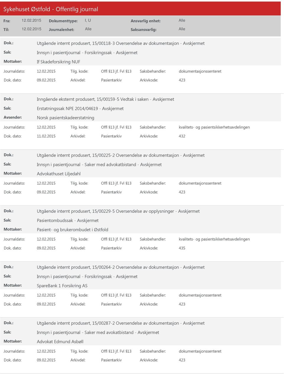 2015 Arkivdel: Pasientarkiv Arkivkode: 432 tgående internt produsert, 15/00225-2 Oversendelse av dokumentasjon - Innsyn i pasientjournal - Saker med advokatbistand - Advokathuset Liljedahl