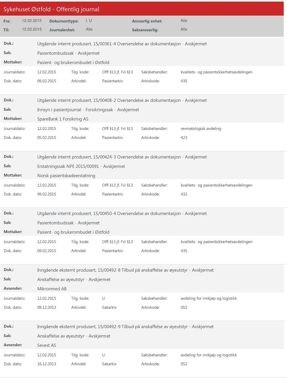 avdeling Dok. dato: 05.02.2015 Arkivdel: Pasientarkiv Arkivkode: 423 tgående internt produsert, 15/00424-3 Oversendelse av dokumentasjon - Erstatningssak NPE 2015/00091 - Dok. dato: 09.02.2015 Arkivdel: Pasientarkiv Arkivkode: 432 tgående internt produsert, 15/00450-4 Oversendelse av dokumentasjon - Pasientombudssak - Pasient- og brukerombudet i Østfold Dok.