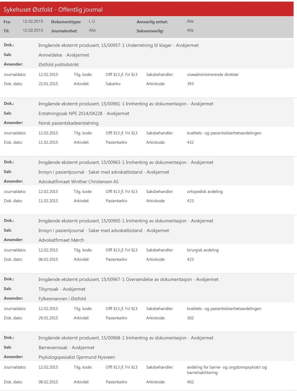 2015 Arkivdel: Pasientarkiv Arkivkode: 432 Inngående eksternt produsert, 15/00963-1 Innhenting av dokumentasjon - Innsyn i pasientjournal - Saker med advokatbistand - Advokatfirmaet Winther