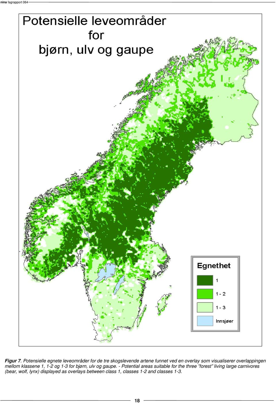 som visualiserer overlappingen mellom klassene 1, 1-2 og 1-3 for bjørn, ulv og gaupe.