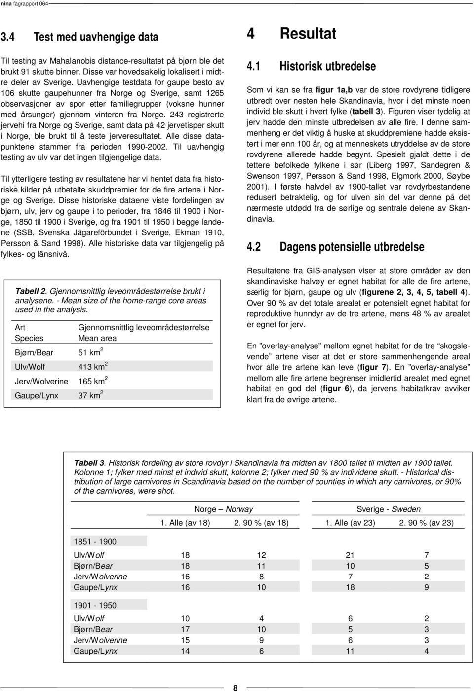 243 registrerte jervehi fra Norge og Sverige, samt data på 42 jervetisper skutt i Norge, ble brukt til å teste jerveresultatet. Alle disse datapunktene stammer fra perioden 1990-2002.