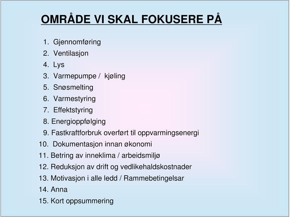 Fastkraftforbruk overført til oppvarmingsenergi 10. Dokumentasjon innan økonomi 11.