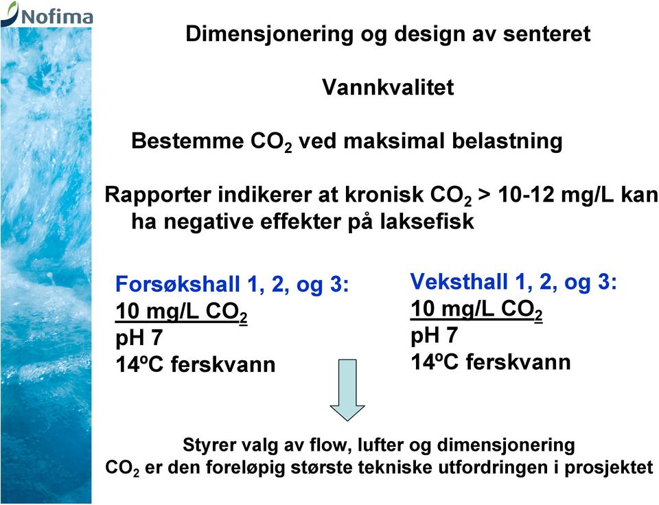 3: 10 mg/l CO 2 ph 7 14ºC ferskvann Veksthall 1, 2, og 3: 10 mg/l CO 2 ph 7 14ºC ferskvann Styrer