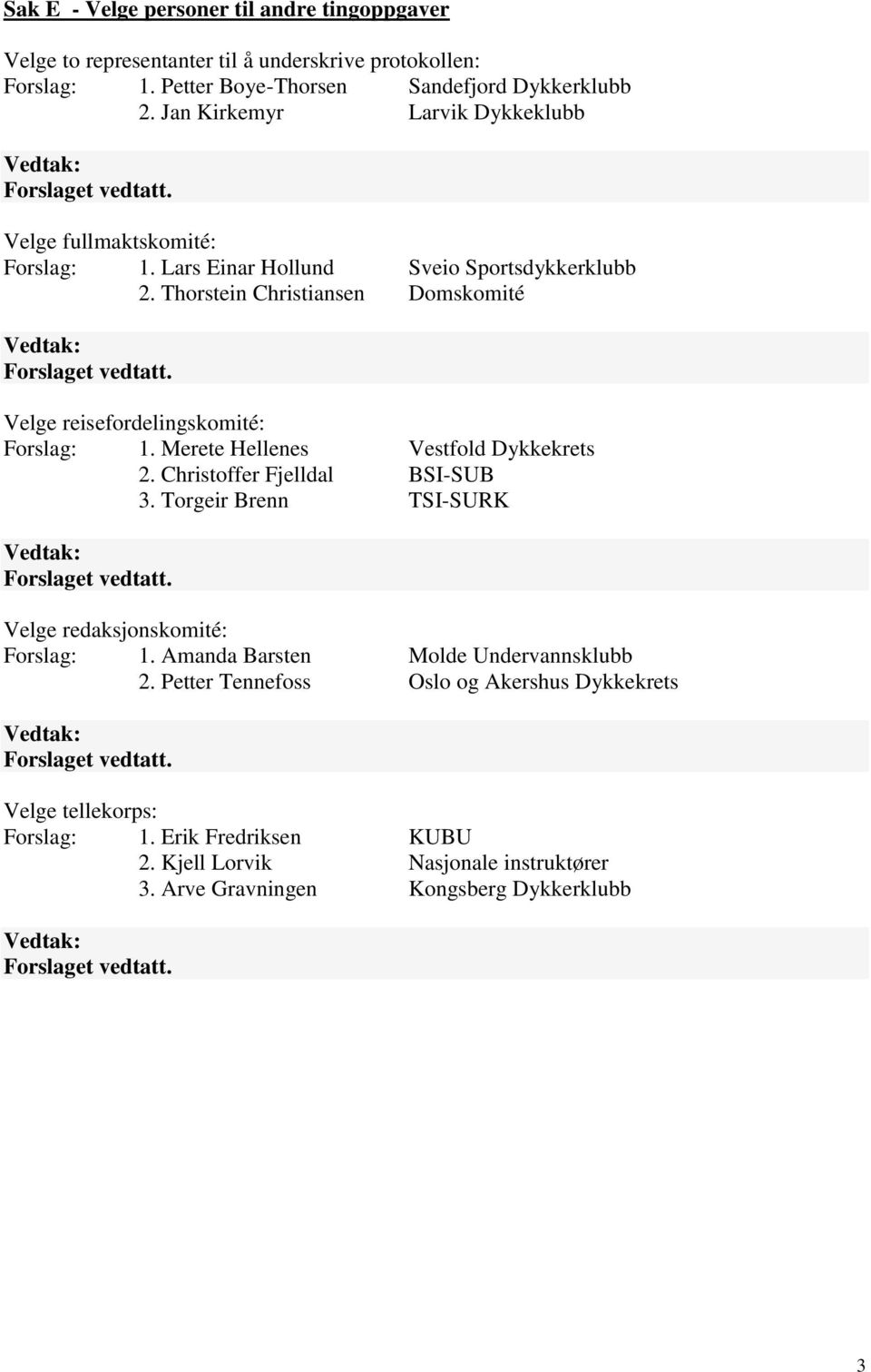 Thorstein Christiansen Domskomité Velge reisefordelingskomité: Forslag: 1. Merete Hellenes Vestfold Dykkekrets 2. Christoffer Fjelldal BSI-SUB 3.