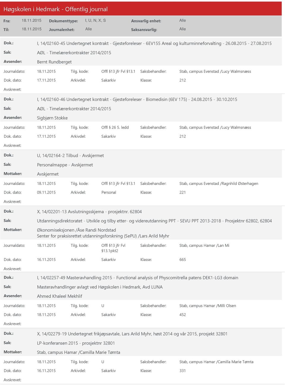 2015 Arkivdel: Sakarkiv I, 14/02160-46 ndertegnet kontrakt - Gjesteforeleser - Biomedisin (6EV 175) - 24.08.2015-30.10.2015 AØL - Timelærerkontrakter 2014/2015 Sigbjørn Stokke Offl 26 5.