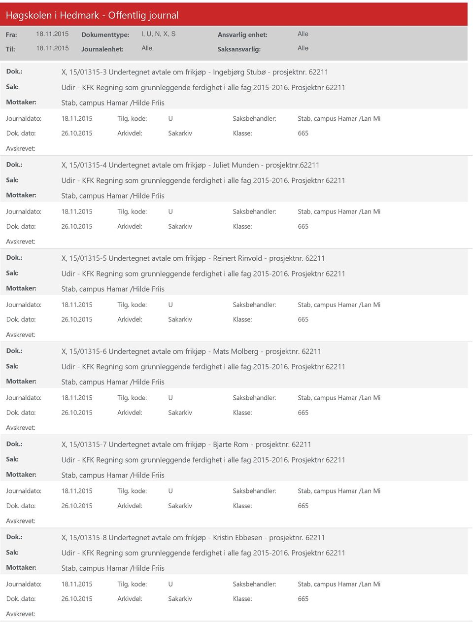 Prosjektnr 61 X, 15/01315-5 ndertegnet avtale om frikjøp - Reinert Rinvold - prosjektnr. 61 dir - KFK Regning som grunnleggende ferdighet i alle fag 2015-2016.