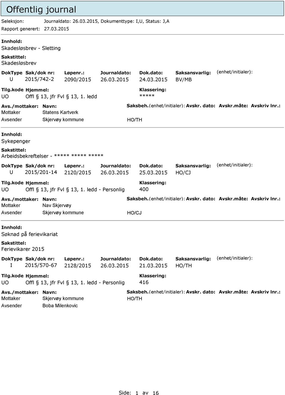 ledd Mottaker Statens Kartverk Avsender Skjervøy kommune nnhold: Sykepenger Arbeidsbekreftelser - U 2015/201-14 2120/2015 Offl 13,