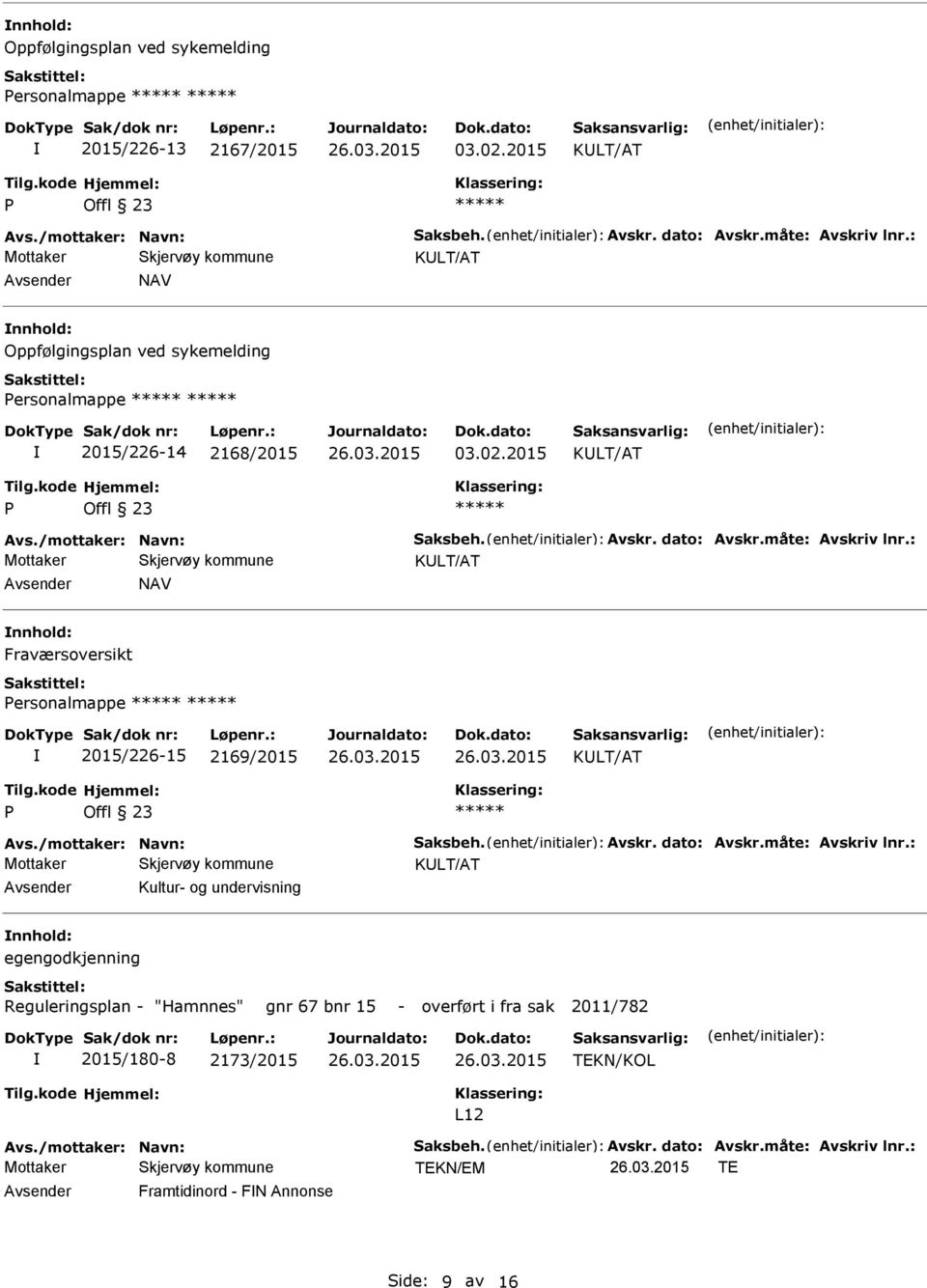 2015 nnhold: Fraværsoversikt ersonalmappe 2015/226-15 2169/2015 Avsender Kultur- og undervisning nnhold: