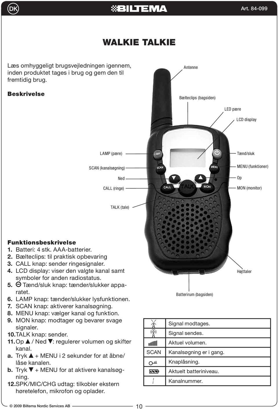 Batteri: 4 stk. AAA-batterier. 2. Bælteclips: til praktisk opbevaring 3. CALL knap: sender ringesignaler. 4. LCD display: viser den valgte kanal samt symboler for anden radiostatus. 5.