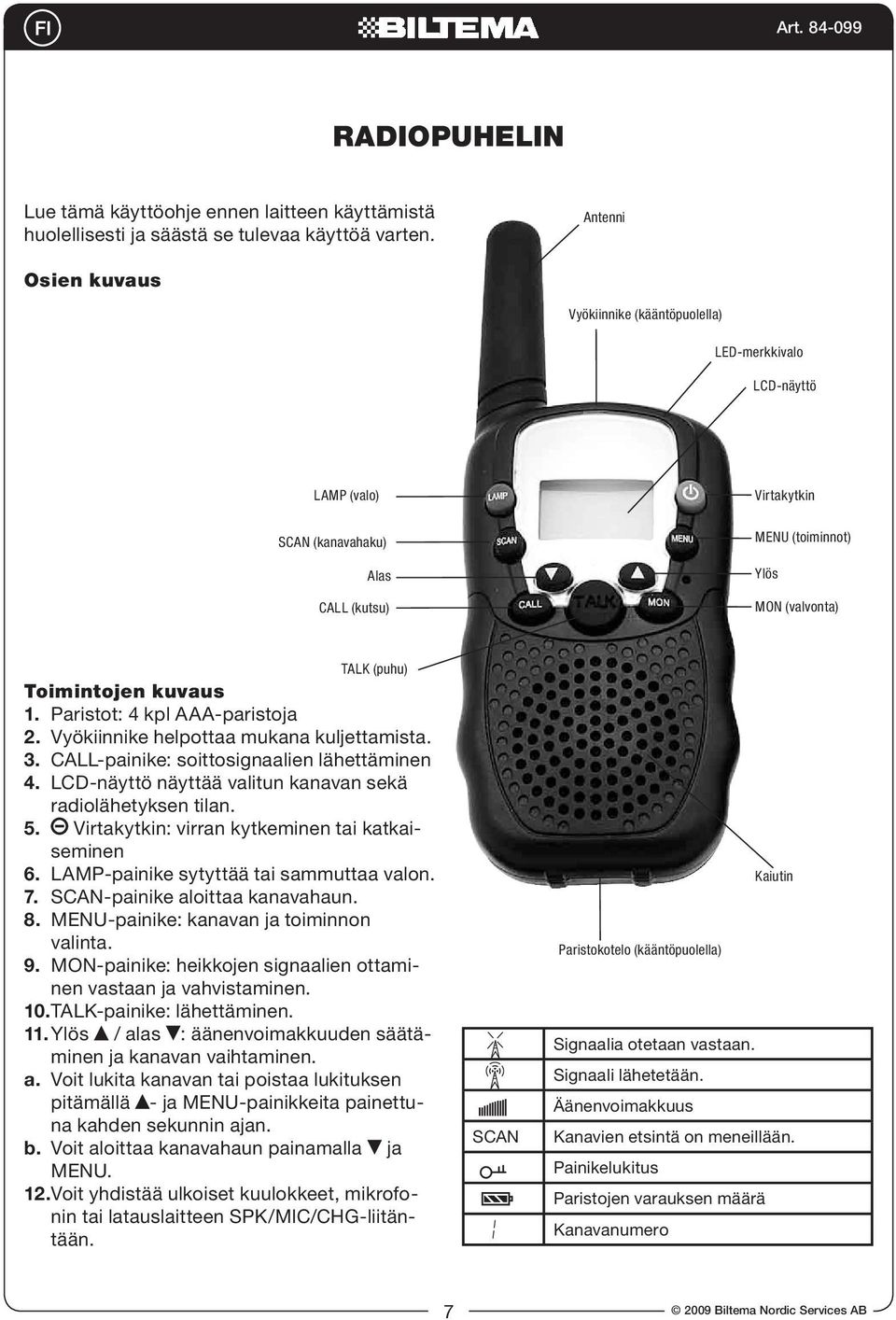 kuvaus 1. Paristot: 4 kpl AAA-paristoja 2. Vyökiinnike helpottaa mukana kuljettamista. 3. CALL-painike: soittosignaalien lähettäminen 4. LCD-näyttö näyttää valitun kanavan sekä radiolähetyksen tilan.