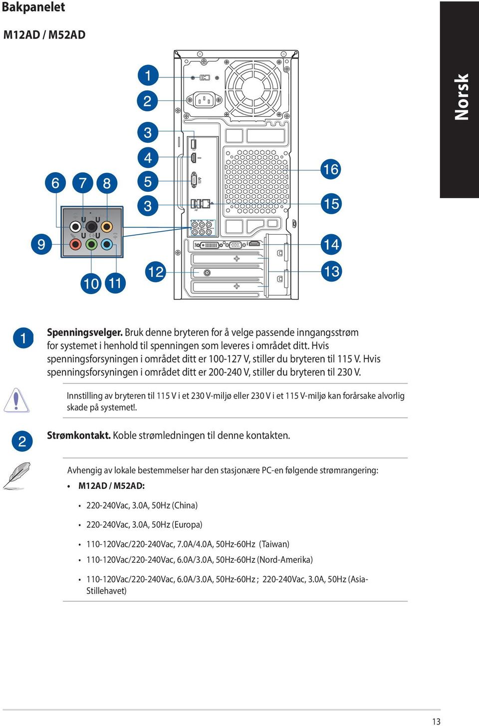 Innstilling av bryteren til 115 V i et 230 V-miljø eller 230 V i et 115 V-miljø kan forårsake alvorlig skade på systemet!. Strømkontakt. Koble strømledningen til denne kontakten.