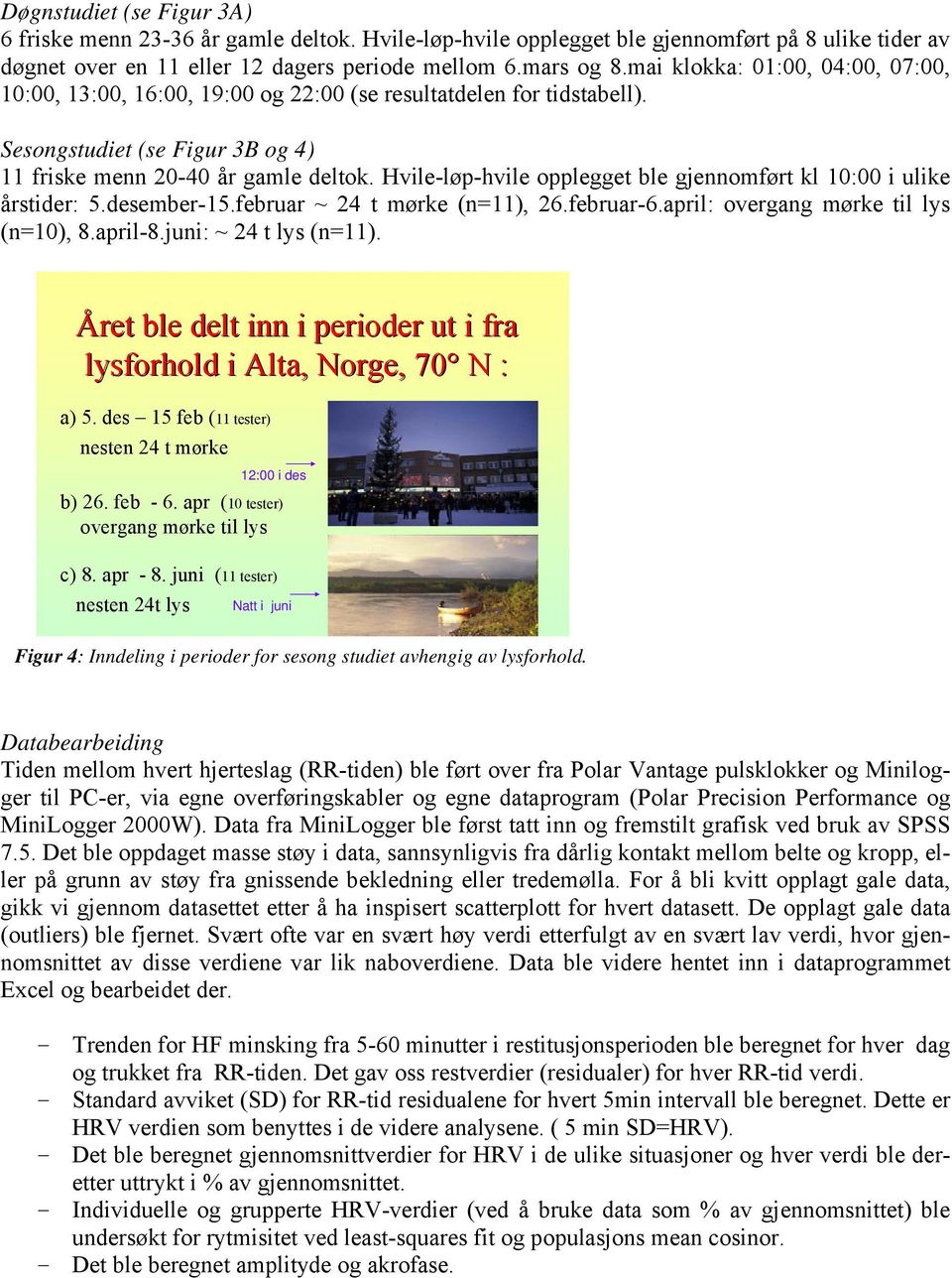 Hvile-løp-hvile opplegget ble gjennomført kl 10:00 i ulike årstider: 5.desember-15.februar ~ 24 t mørke (n=11), 26.februar-6.april: overgang mørke til lys (n=10), 8.april-8.juni: ~ 24 t lys (n=11).