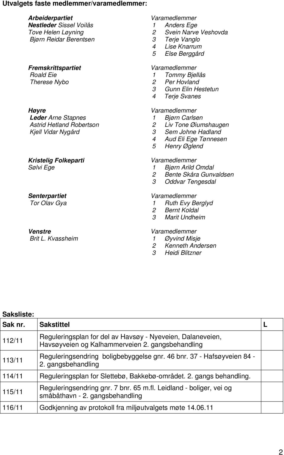 Terje Svanes Varamedlemmer 1 Bjørn Carlsen 2 Liv Tone Øiumshaugen 3 Sem Johne Hadland 4 Aud Eli Ege Tønnesen 5 Henry Øglend Kristelig Folkeparti Varamedlemmer Sølvi Ege 1 Bjørn Arild Omdal 2 Bente