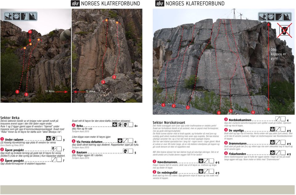 Svaet rett til høyre for den store kløfta (mellom skissene) 1 Under radaren............. 1bc 3 Liten klippe noen meter til høyre igjen Guro Stødle og Reka 2015 (6a) Godt sikret klatring opp diederet.