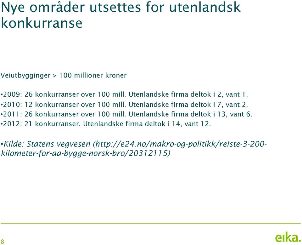 2011: 26 konkurranser over 100 mill. Utenlandske firma deltok i 13, vant 6. 2012: 21 konkurranser.