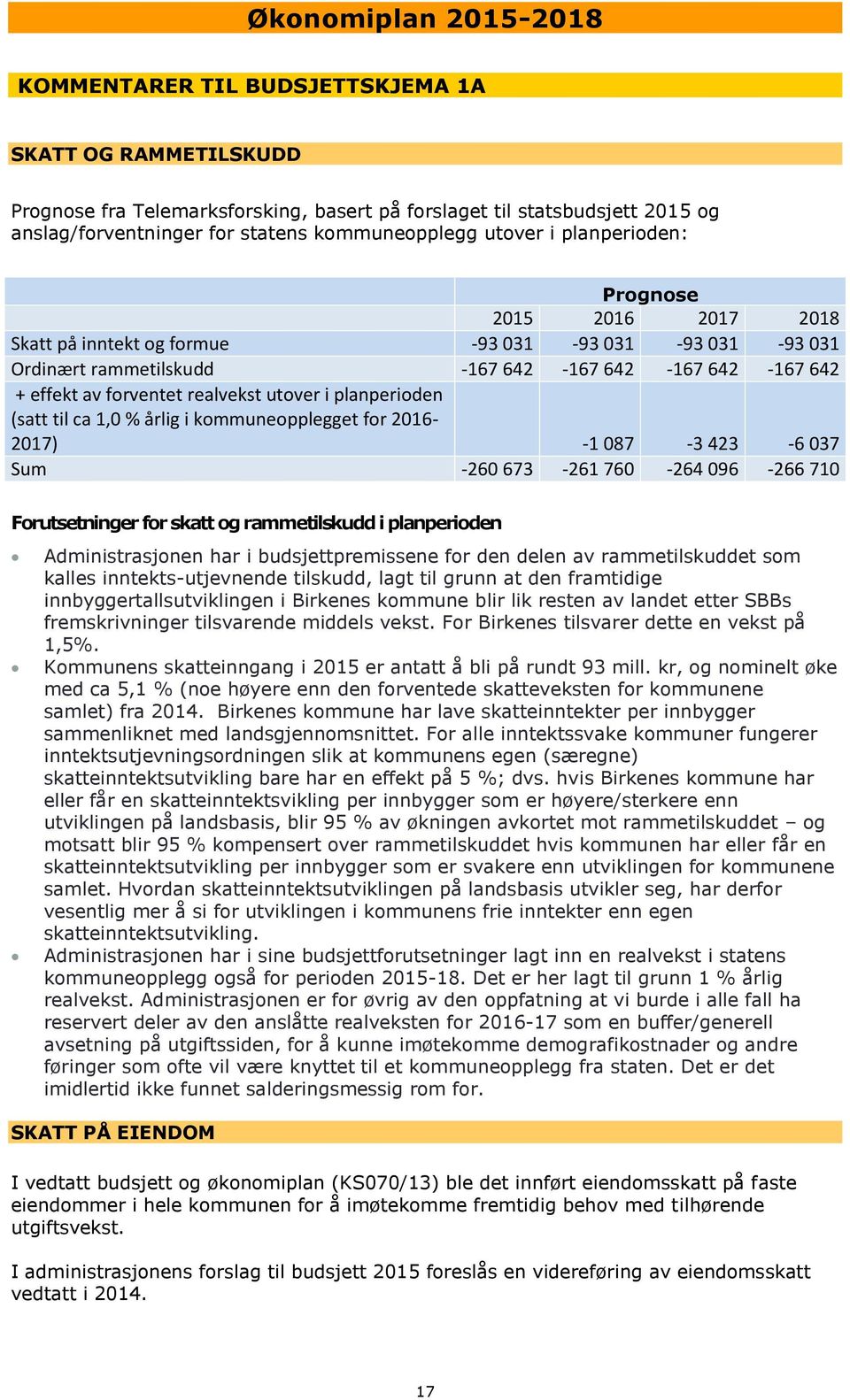 planperioden (satt til ca 1,0 % årlig i kommuneopplegget for 2016-2017) -1 087-3 423-6 037 Sum -260 673-261 760-264 096-266 710 Forutsetninger for skatt og rammetilskudd i planperioden