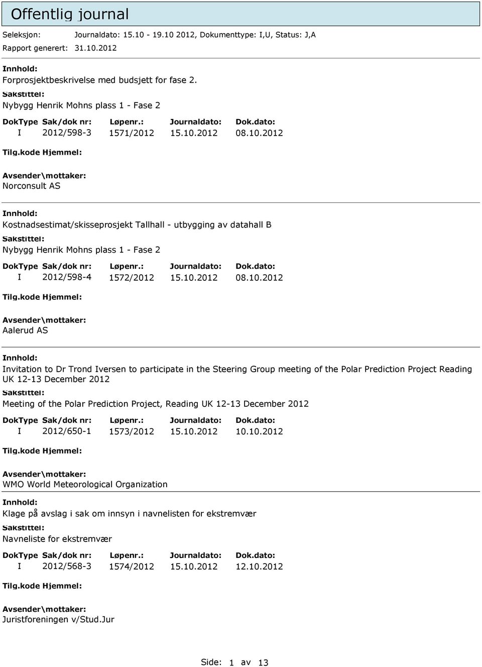 2012 Norconsult AS Kostnadsestimat/skisseprosjekt Tallhall - utbygging av datahall B Nybygg Henrik Mohns plass 1 - Fase 2 2012/598-4 1572/2012 08.10.