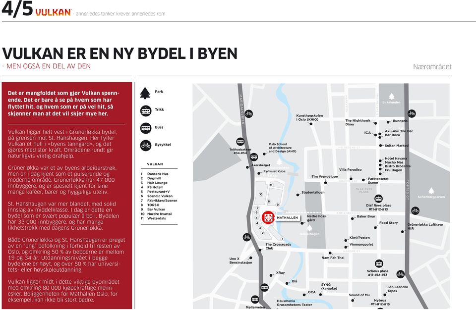 Vulkan ligger helt vest i Grünerløkka bydel, på grensen mot St. Hanshaugen. Her fyller Vulkan et hull i «byens tanngard», og det gjøres med stor kraft. Områdene rundt gir naturligvis viktig drahjelp.