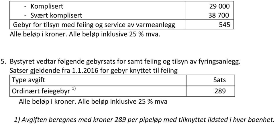 Satser gjeldende fra 1.1.2016 for gebyr knyttet til feiing Type avgift Sats Ordinært feiegebyr 1) 289 Alle beløp i kroner.