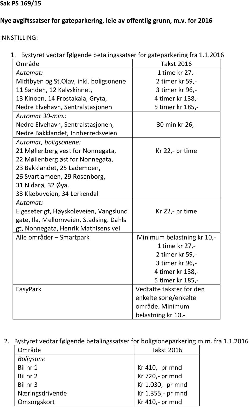 : Nedre Elvehavn, Sentralstasjonen, 30 min kr 26,- Nedre Bakklandet, Innherredsveien Automat, boligsonene: 21 Møllenberg vest for Nonnegata, Kr 22,- pr time 22 Møllenberg øst for Nonnegata, 23