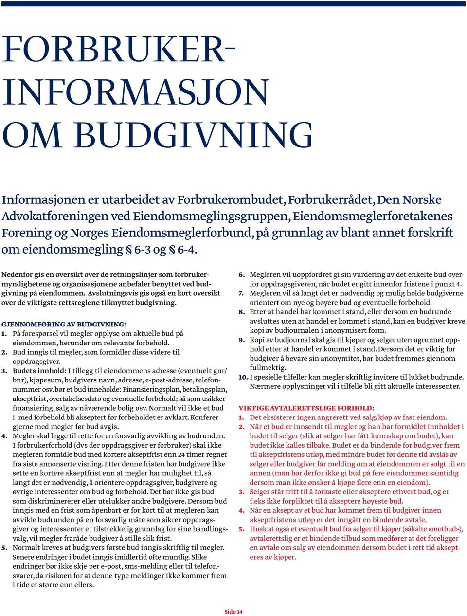 Nedenfor gis en oversikt over de retningslinjer som forbrukermyndighetene og organisasjonene anbefaler benyttet ved budgivning på eiendommen.