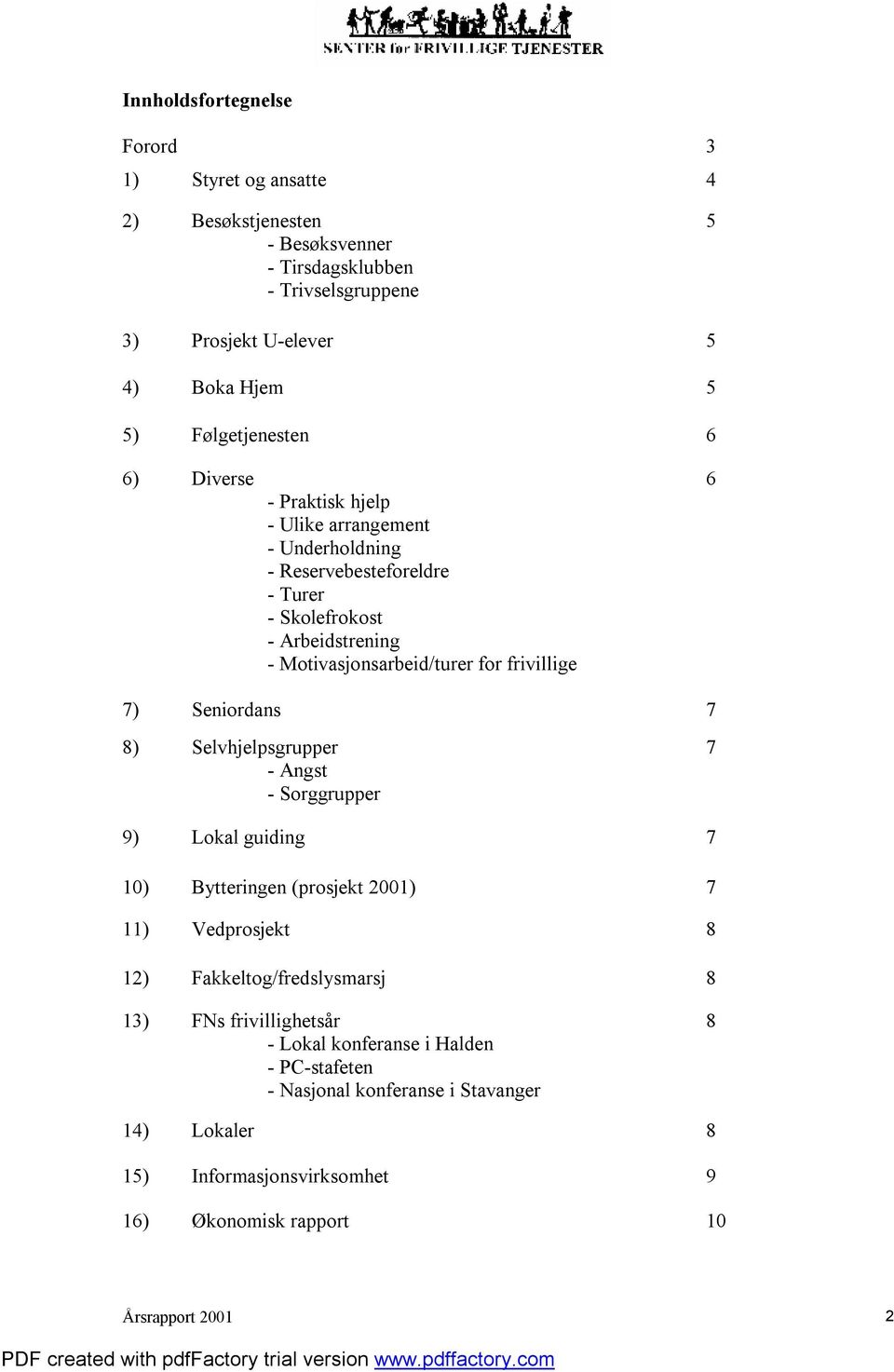 frivillige 7) Seniordans 7 8) Selvhjelpsgrupper 7 - Angst - Sorggrupper 9) Lokal guiding 7 10) Bytteringen (prosjekt 2001) 7 11) Vedprosjekt 8 12) Fakkeltog/fredslysmarsj 8