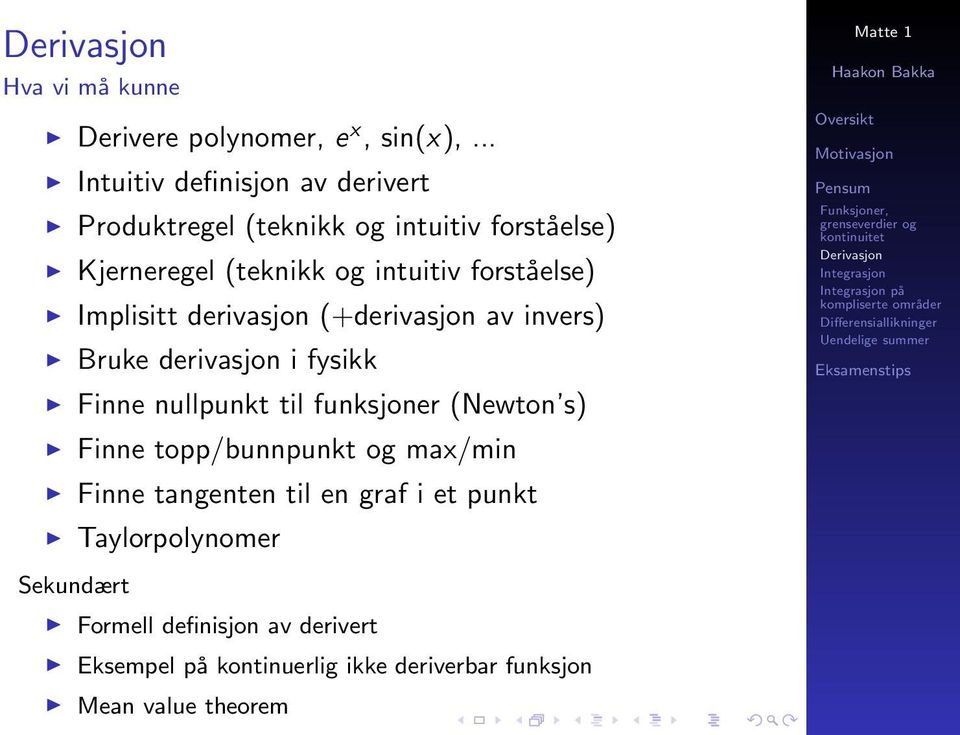 forståelse) Implisitt derivasjon (+derivasjon av invers) Bruke derivasjon i fysikk Finne nullpunkt til funksjoner (Newton