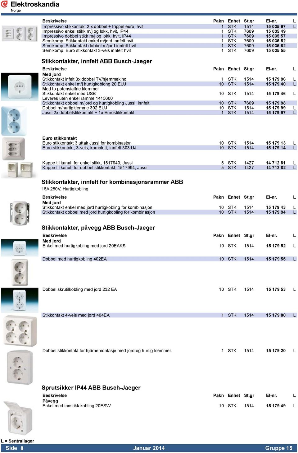 Euro stikkontakt 3-veis innfelt hvit 1 STK 7609 15 035 55 Stikkontakter, innfelt ABB Busch-Jaeger Med jord Stikkontakt infelt 3x dobbel TV/hjemmekino 1 STK 1514 15 179 96 L Stikkontakt enkel m/j