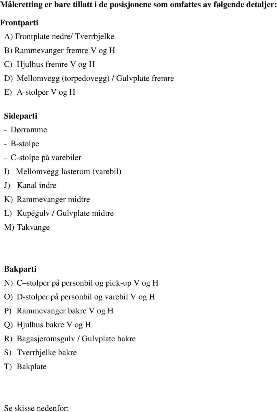 lasterom (varebil) J) Kanal indre K) Rammevanger midtre L) Kupégulv / Gulvplate midtre M) Takvange Bakparti N) C stolper på personbil og pick-up V og H O)