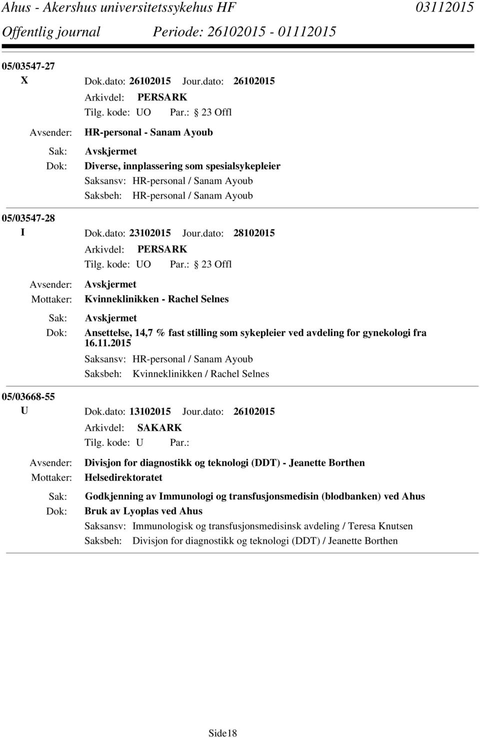 dato: 28102015 Kvinneklinikken - Rachel Selnes Ansettelse, 14,7 % fast stilling som sykepleier ved avdeling for gynekologi fra 16.11.