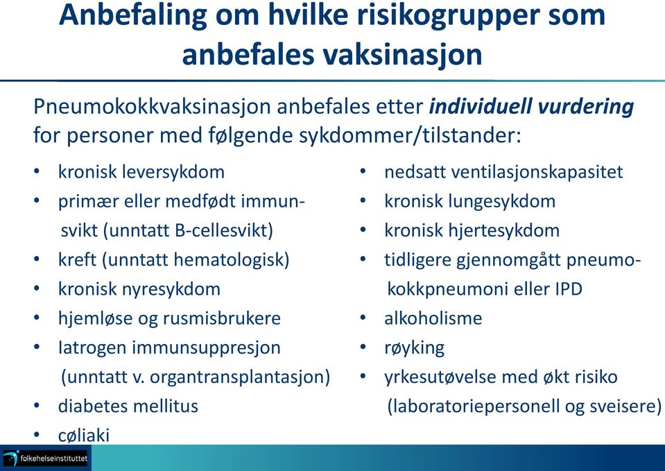 hjemløse og rusmisbrukere Iatrogen immunsuppresjon (unntatt v.