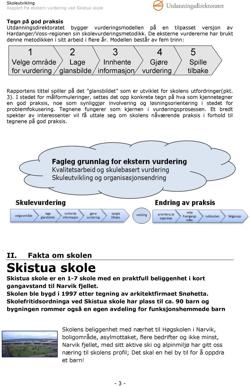 Modellen består av fem trinn: 1 Velge område for vurdering 2 Lage glansbilde 3 Innhente informasjon 4 Gjøre vurdering 5 Spille tilbake Stafettveksling Rapportens tittel spiller på det glansbildet som