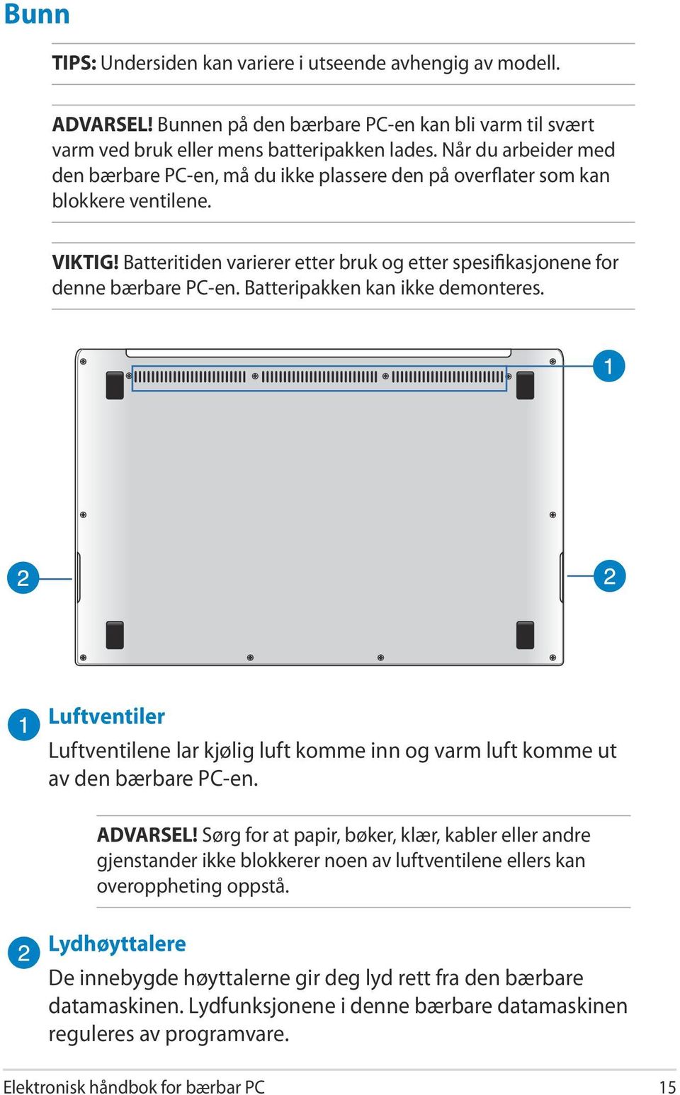 Batteripakken kan ikke demonteres. Luftventiler Luftventilene lar kjølig luft komme inn og varm luft komme ut av den bærbare PC-en. ADVARSEL!