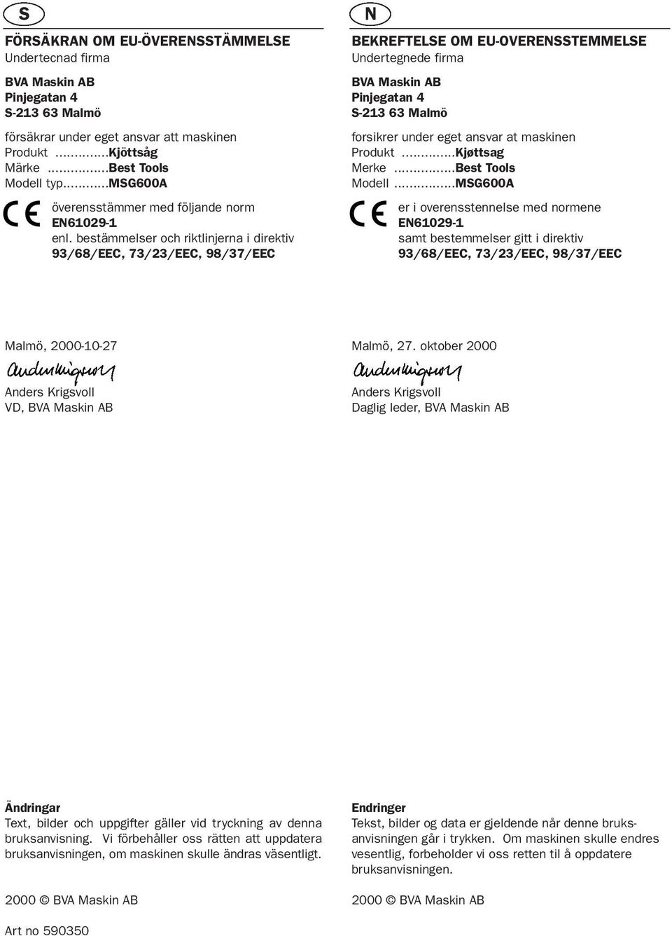 bestämmelser och riktlinjerna i direktiv 93/68/EEC, 73/23/EEC, 98/37/EEC N BEKREFTELSE OM EU-OVERENSSTEMMELSE Undertegnede firma BVA Maskin AB Pinjegatan 4 S-213 63 Malmö forsikrer under eget ansvar