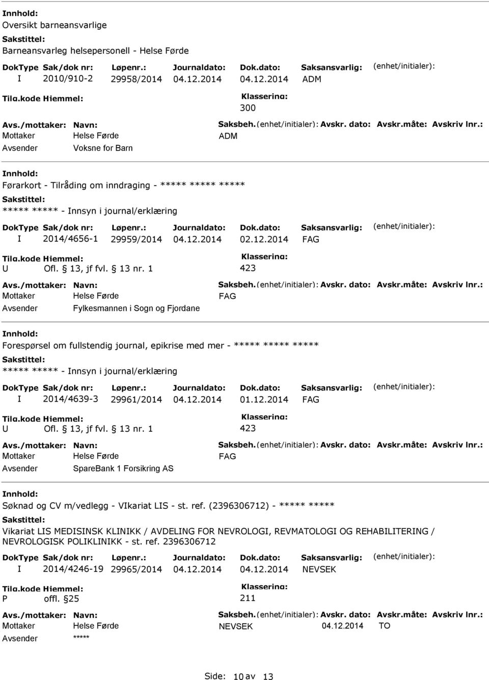 ***** - nnsyn i journal/erklæring 2014/4639-3 29961/2014 01.12.2014 SpareBank 1 Forsikring AS Søknad og CV m/vedlegg - Vkariat LS - st. ref.