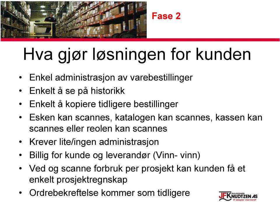 eller reolen kan scannes Krever lite/ingen administrasjon Billig for kunde og leverandør (Vinn- vinn)