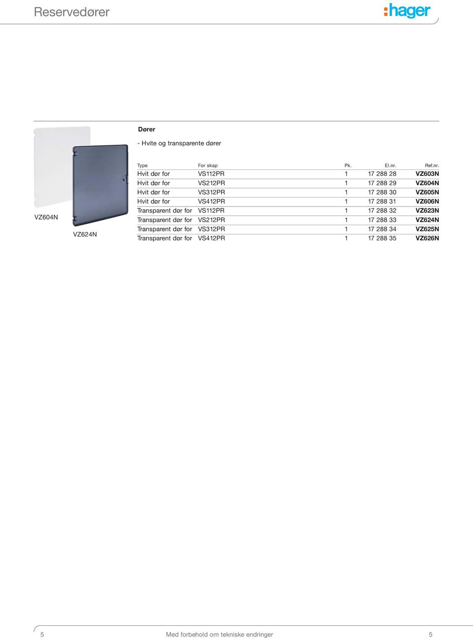 Hvit dør for VS112PR 1 17 288 28 VZ603N Hvit dør for VS212PR 1 17 288 29 VZ604N Hvit dør for VS312PR 1 17 288 30 VZ605N