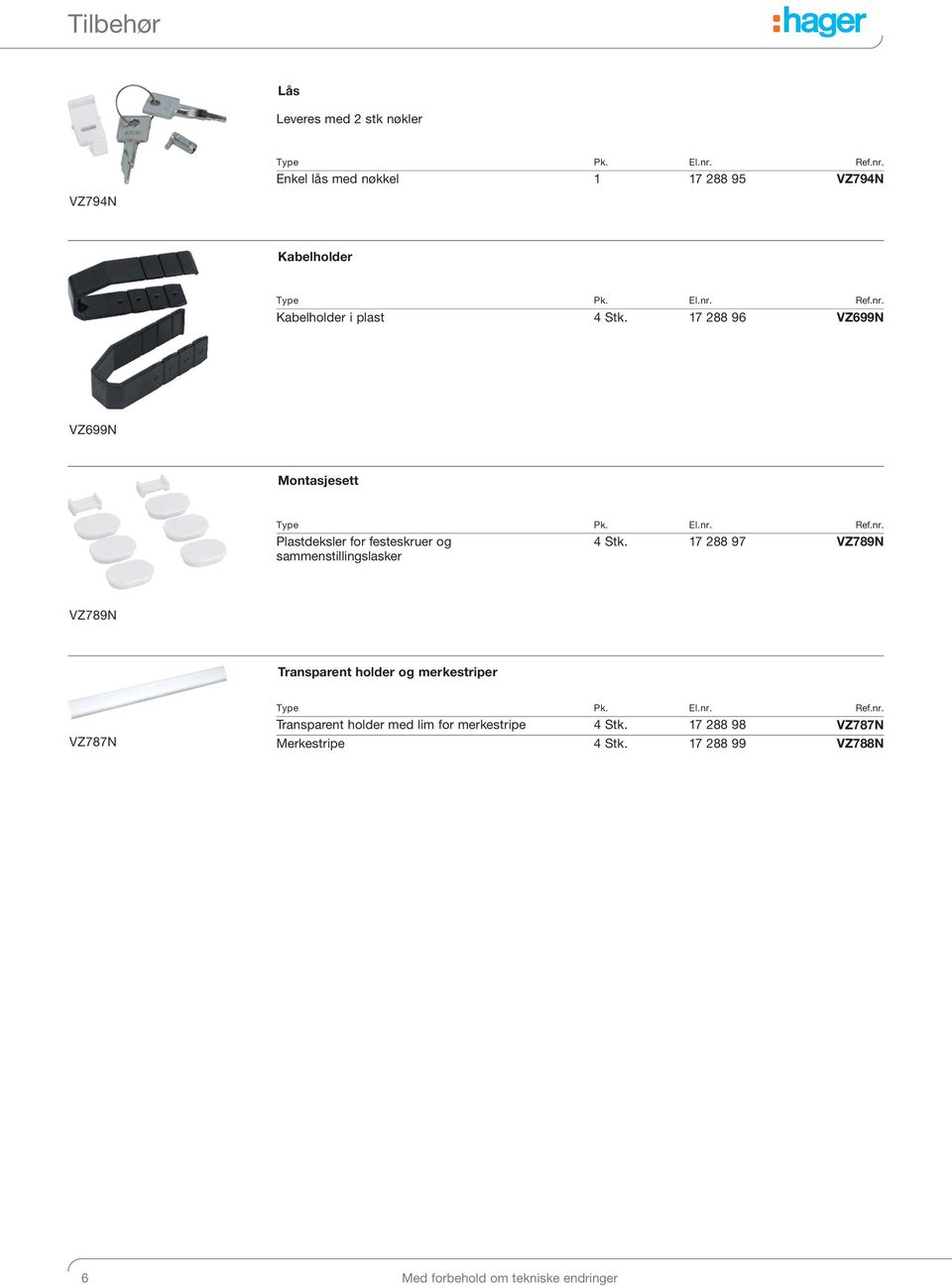 17 288 97 VZ789N sammenstillingslasker VZ789N Transparent holder og merkestriper VZ787N Type Pk. El.nr.