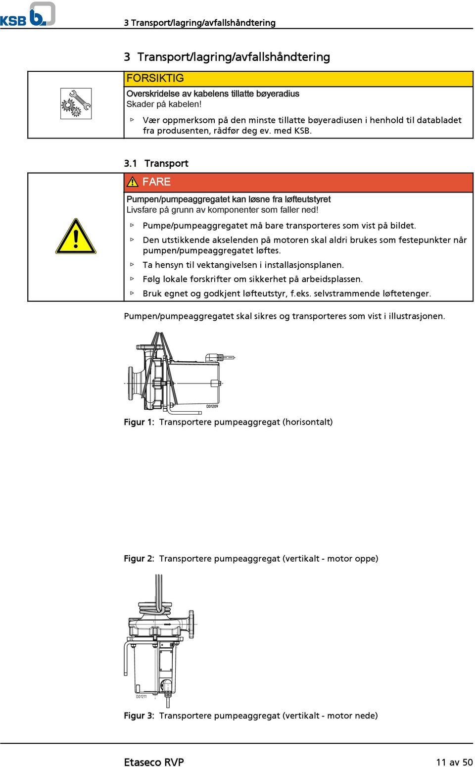 1 Transport FARE Pumpen/pumpeaggregatet kan løsne fra løfteutstyret Livsfare på grunn av komponenter som faller ned! Pumpe/pumpeaggregatet må bare transporteres som vist på bildet.