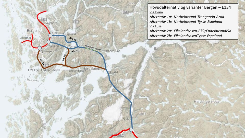 Via Fusa Alternativ 2a: -E39/Endelausmarka Alternativ 2b: