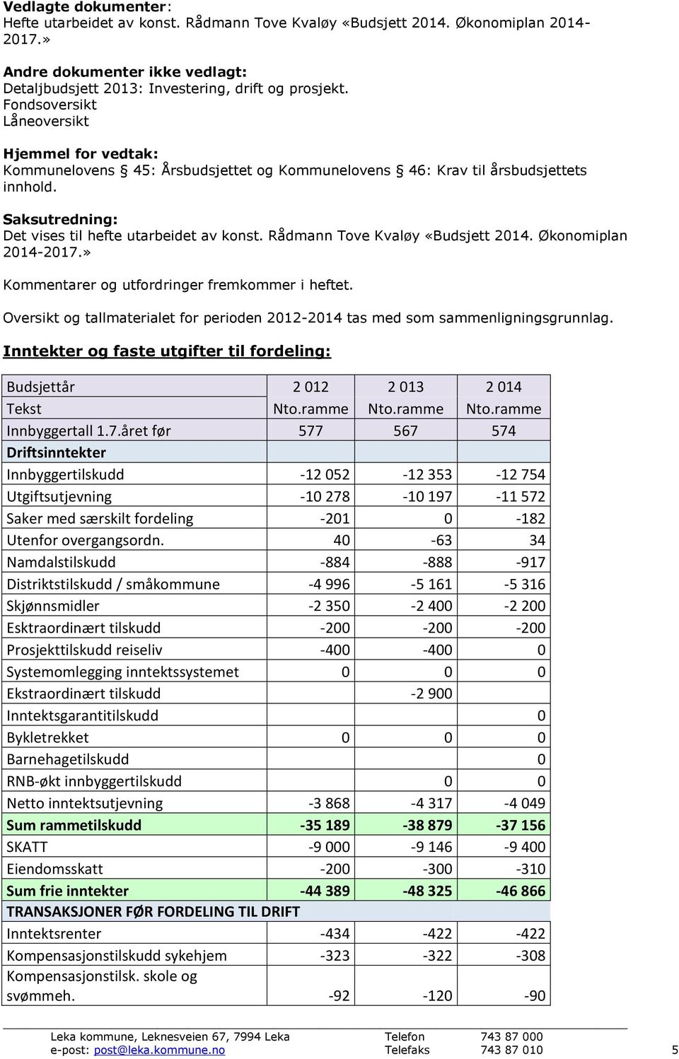 Rådmann Tove Kvaløy «Budsjett 2014. Økonomiplan 2014-2017.» Kommentarer og utfordringer fremkommer i heftet. Oversikt og tallmaterialet for perioden 2012-2014 tas med som sammenligningsgrunnlag.