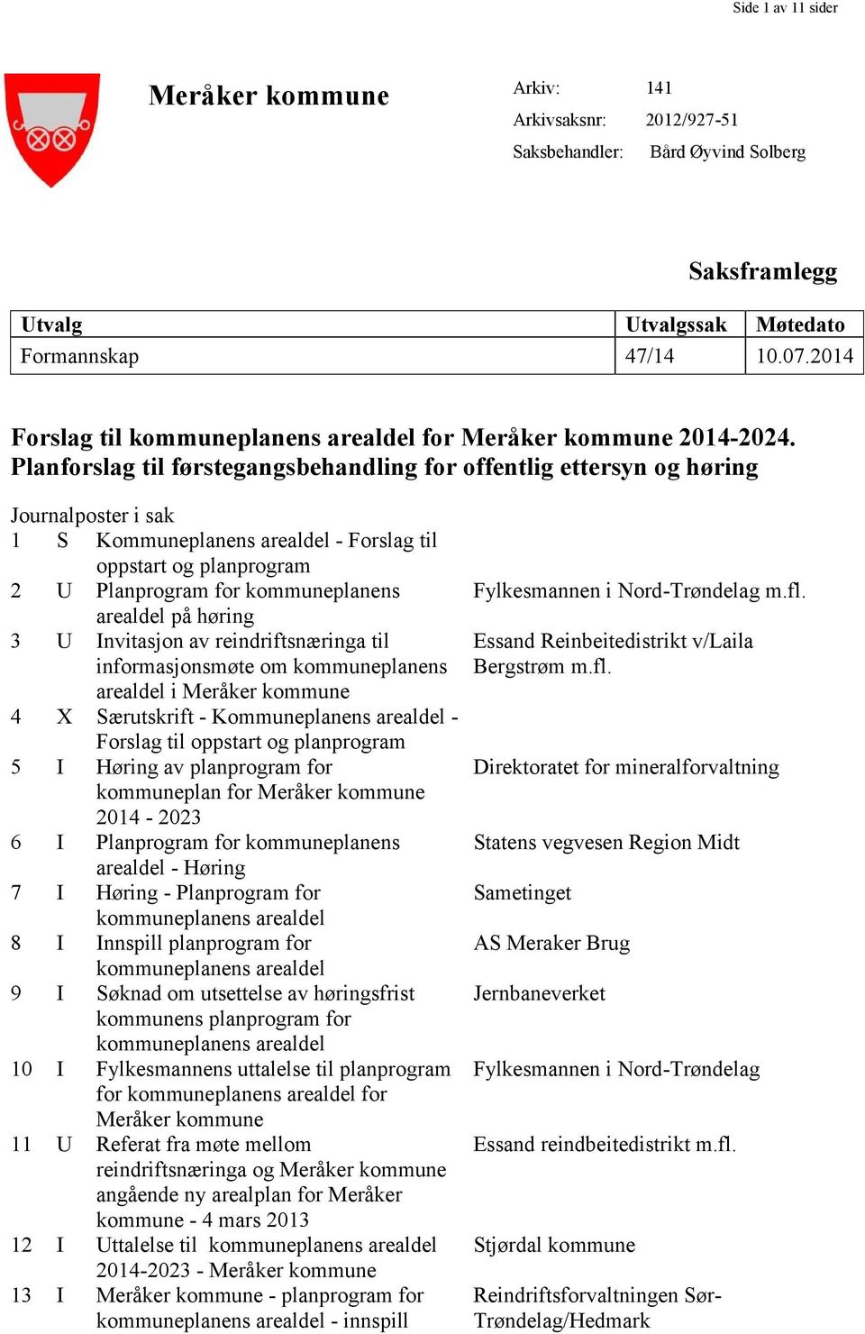 Planforslag til førstegangsbehandling for offentlig ettersyn og høring Journalposter i sak 1 S Kommuneplanens arealdel - Forslag til oppstart og planprogram 2 U Planprogram for kommuneplanens