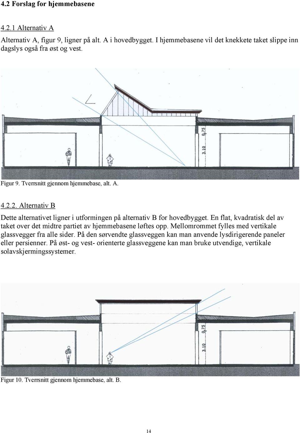 2. Alternativ B Dette alternativet ligner i utformingen på alternativ B for hovedbygget. En flat, kvadratisk del av taket over det midtre partiet av hjemmebasene løftes opp.