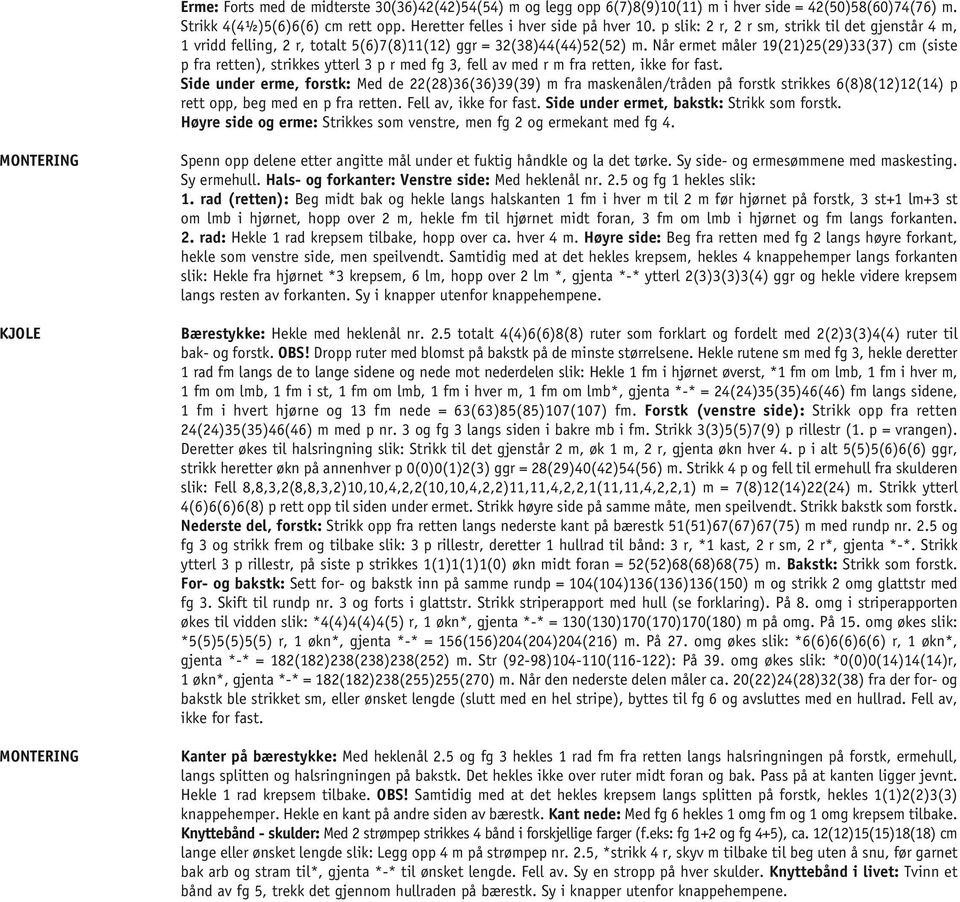 Når ermet måler 19(21)25(29)33(37) cm (siste p fra retten), strikkes ytterl 3 p r med fg 3, fell av med r m fra retten, ikke for fast.