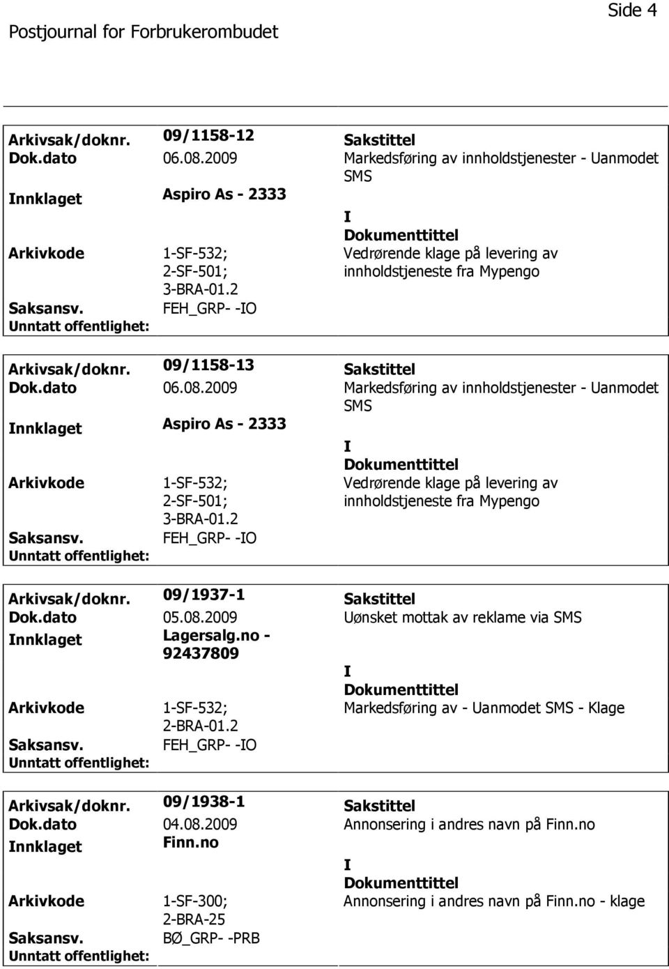 2009 Markedsføring av innholdstjenester - anmodet SMS nnklaget Aspiro As - 2333 1-SF-532; 2-SF-501; 3-BRA-01.2 FEH_GRP- -O Vedrørende klage på levering av innholdstjeneste fra Mypengo Arkivsak/doknr.