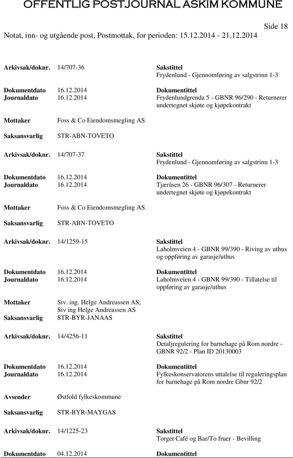 14/707-37 Sakstittel Frydenlund - Gjennomføring av salgstrinn 1-3 Dokumentdato 16.12.