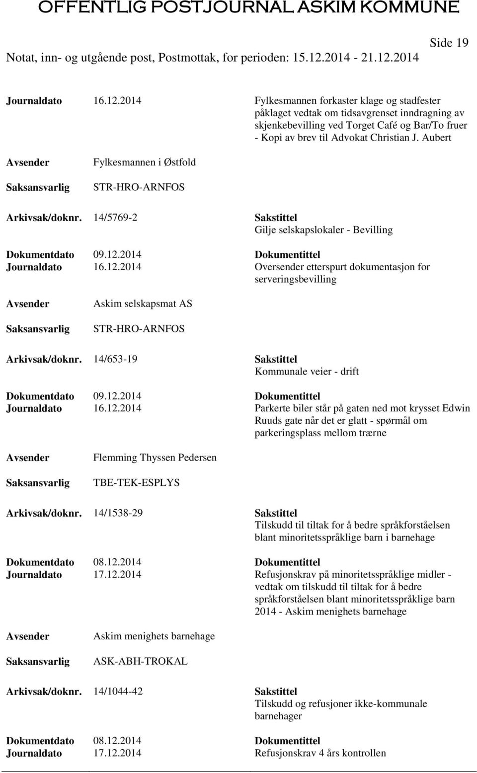 Aubert Fylkesmannen i Østfold STR-HRO-ARNFOS Arkivsak/doknr. 14/5769-2 Sakstittel Gilje selskapslokaler - Bevilling Dokumentdato 09.12.