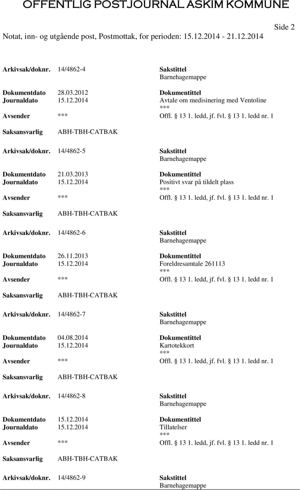 1 ABH-TBH-CATBAK Arkivsak/doknr. 14/4862-6 Sakstittel Barnehagemappe Dokumentdato 26.11.2013 Dokumentittel Journaldato 15.12.2014 Foreldresamtale 261113 Offl. 13 1. ledd, jf. fvl. 13 1. ledd nr.