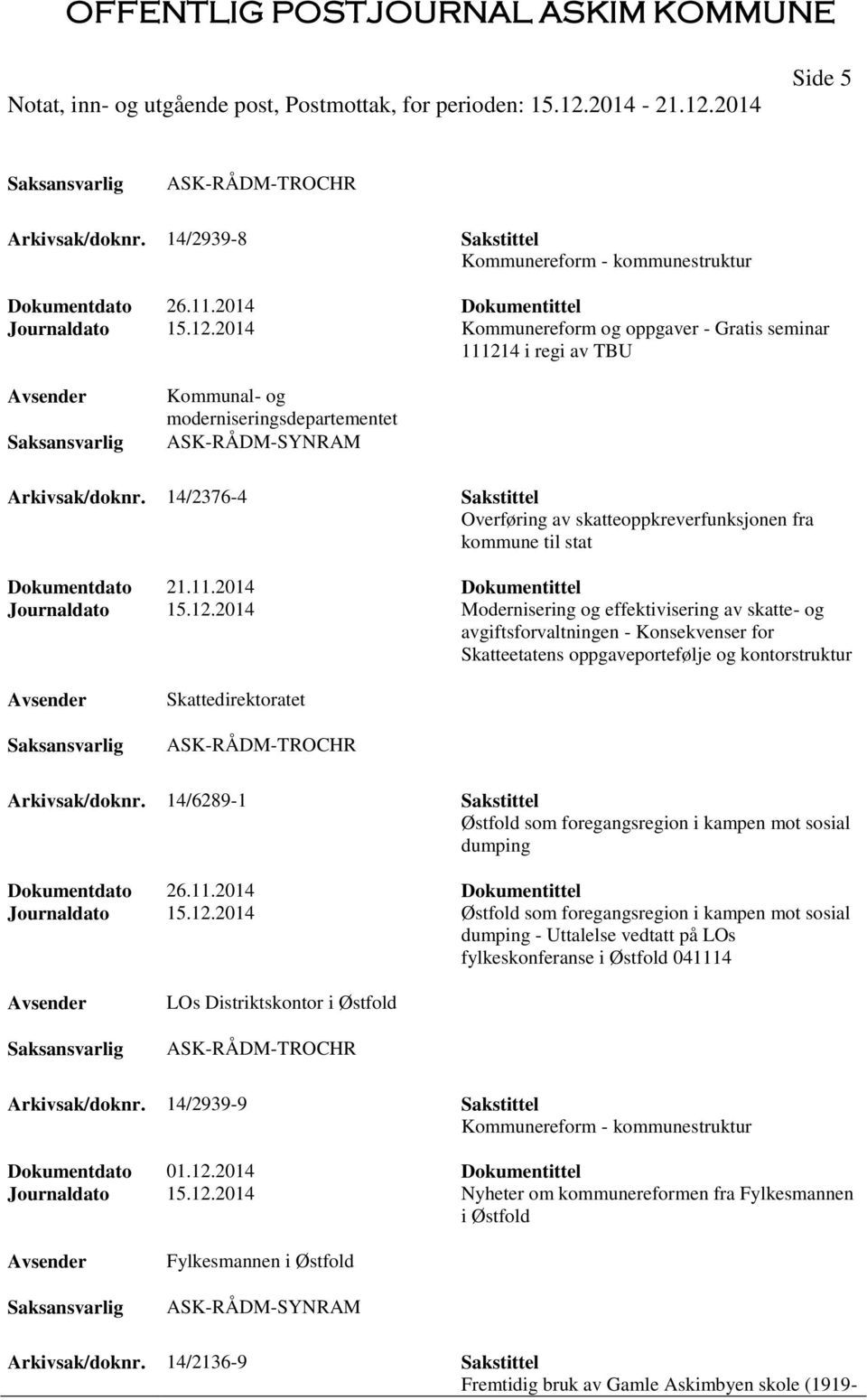 14/2376-4 Sakstittel Overføring av skatteoppkreverfunksjonen fra kommune til stat Dokumentdato 21.11.2014 Dokumentittel Journaldato 15.12.